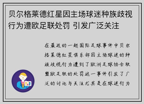 贝尔格莱德红星因主场球迷种族歧视行为遭欧足联处罚 引发广泛关注 贝尔格莱德红星因主场球迷种族歧视行为遭欧足联处罚 引发广泛关注