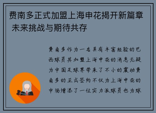 费南多正式加盟上海申花揭开新篇章 未来挑战与期待共存